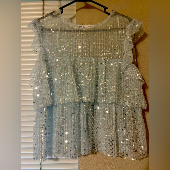 Zara Tops - Beaded, light blue, Zara blouse.
